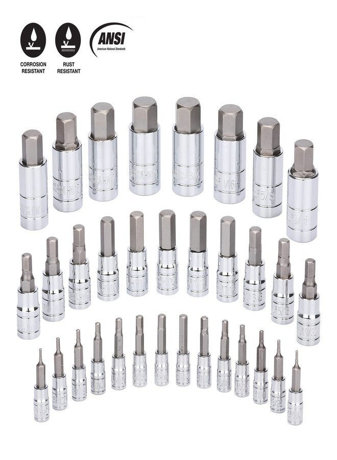 EMENTOL 33PCS Hex Bit Socket Set, 1/4", 3/8" and 1/2" Drive, SAE And Metric Allen Socket Bit, CR-V, S2 Steel, Master Hex Bit Socket Set, 5/64" - 3/4", 2mm - 19mm - Image 3