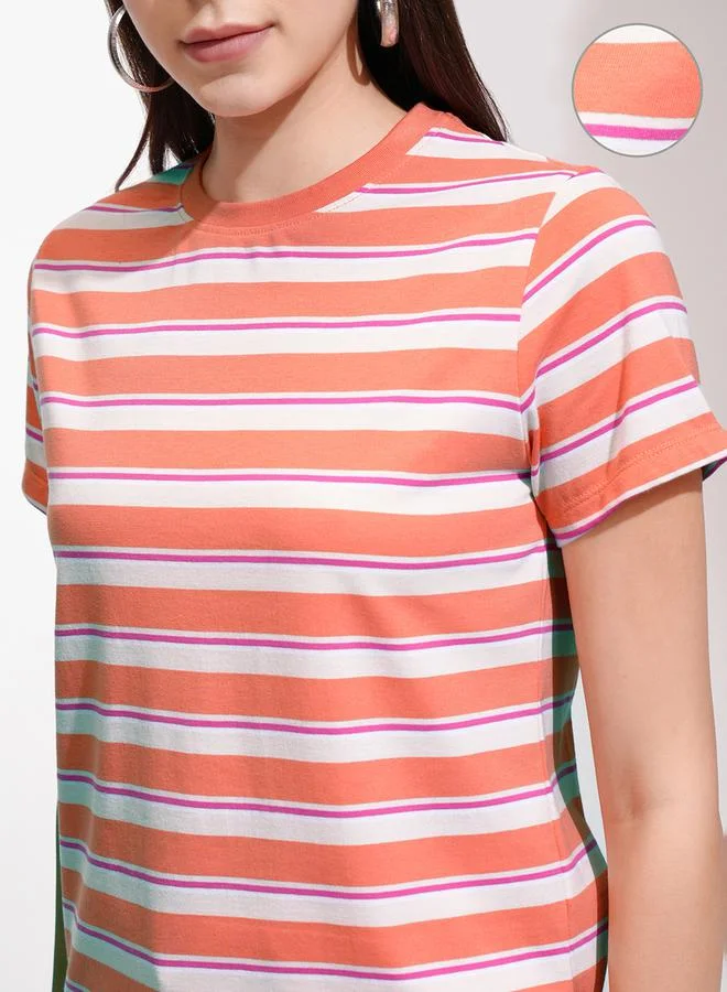 Tokyo Talkies Tokyo Talkies Regular Fit Striped Round Neck T-Shirt