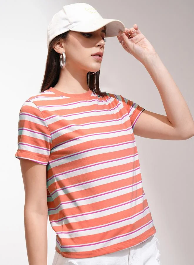 Tokyo Talkies Tokyo Talkies Regular Fit Striped Round Neck T-Shirt