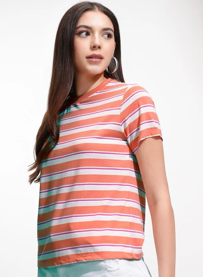 Tokyo Talkies Tokyo Talkies Regular Fit Striped Round Neck T-Shirt