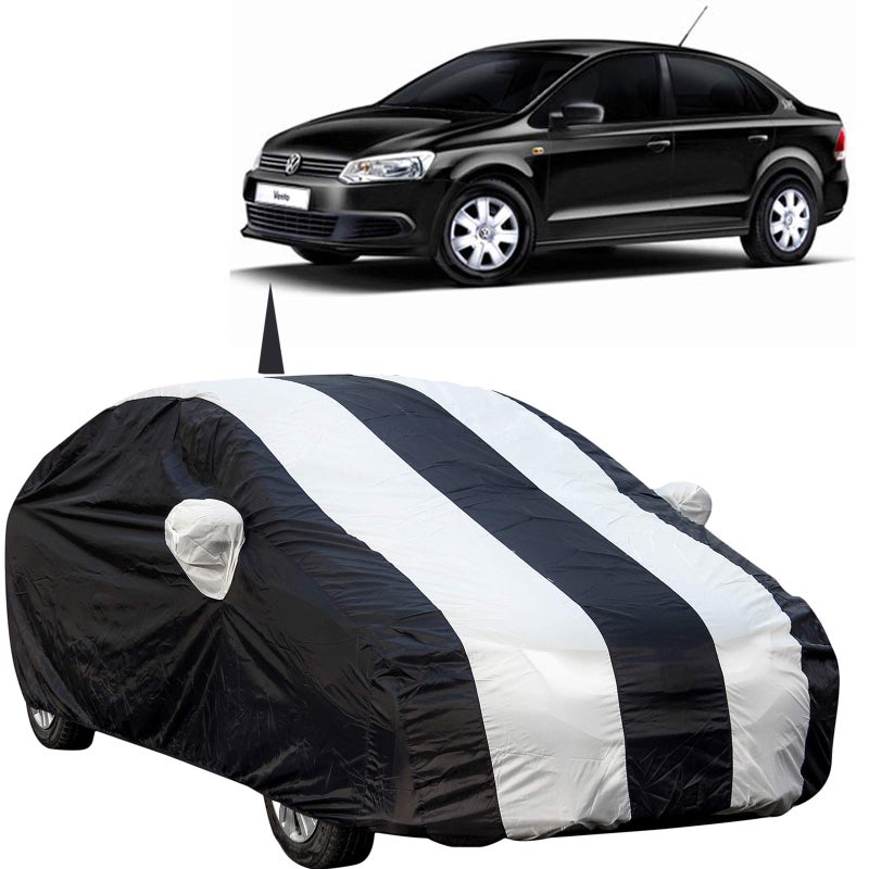 The Autostory 190 Taffeta Water Resistant Car Body Cover Compatible with Volkswagen Vento with Mirror & Antenna Pockets (White/Navy Blue) - Image 5