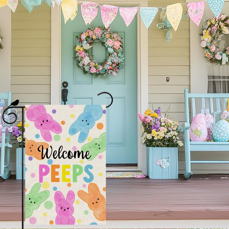 ZAEW Welcome Easter Colorful Dots Cute Bunny Watercolor Rabbits Spring Garden Flag Yard Flag 12x18 Inch Double Sided Small Mini Yard Outdoor Outside Holiday Decoration - Image 3