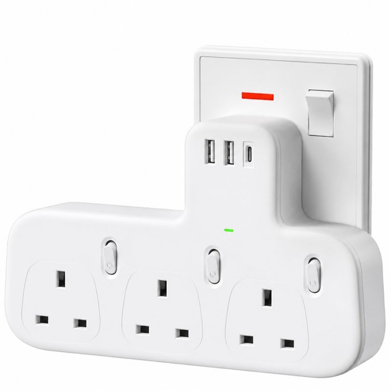 3-way plug extension with USB-C and dual USB ports, ABS plastic black surge-protected multi-adapter for household appliances, iPhone, smartphones, tablets, 13A 3250W - Image 1
