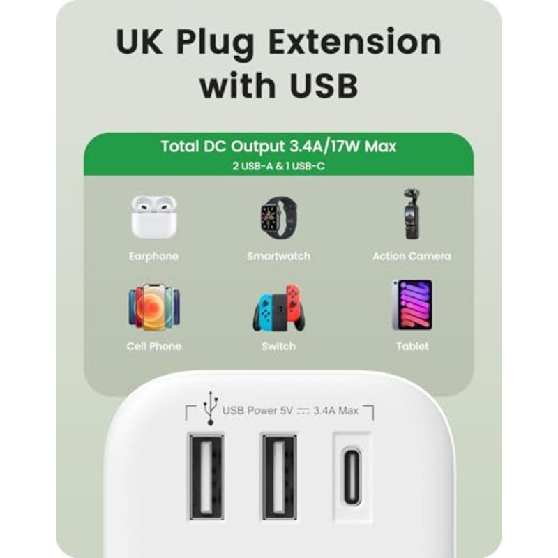 3-way plug extension with USB-C and dual USB ports, ABS plastic black surge-protected multi-adapter for household appliances, iPhone, smartphones, tablets, 13A 3250W - Image 3