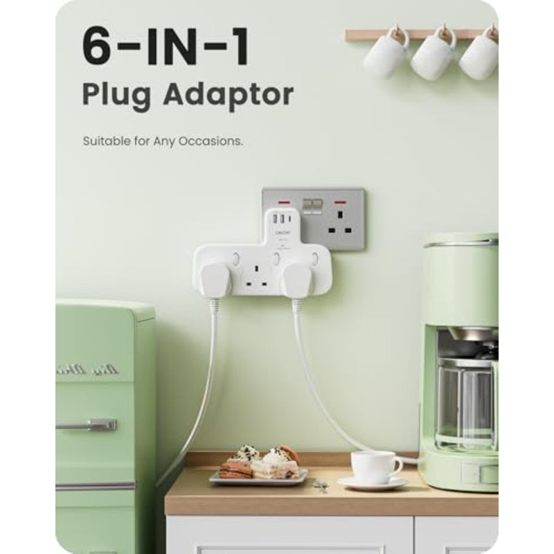 3-way plug extension with USB-C and dual USB ports, ABS plastic black surge-protected multi-adapter for household appliances, iPhone, smartphones, tablets, 13A 3250W - Image 2