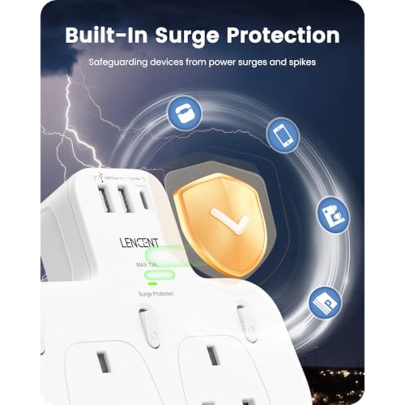 3-way plug extension with USB-C and dual USB ports, ABS plastic black surge-protected multi-adapter for household appliances, iPhone, smartphones, tablets, 13A 3250W - Image 5
