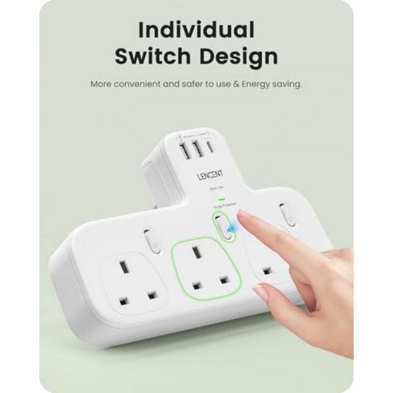3-way plug extension with USB-C and dual USB ports, ABS plastic black surge-protected multi-adapter for household appliances, iPhone, smartphones, tablets, 13A 3250W - Image 4