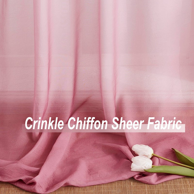 Purainbow Pink Ombre Chiffon Sheer Curtains 84 Inch Long for Living Room Bedroom Decor, Gradient Crinkle Light Filtering Curtain Panels for Girls Room, Rod Pocket Semi Sheer Curtain Drapes 42"W, Set of 2 - Image 3