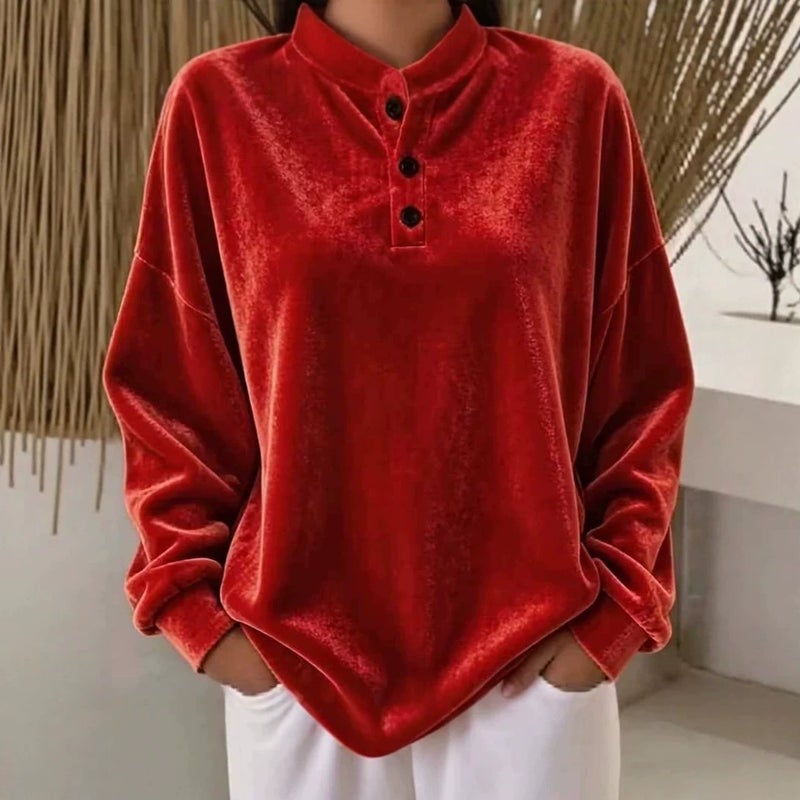 بلوفر نسائي فضفاض من المخمل بأزرار بأكمام طويلة كاجوال - Image 3