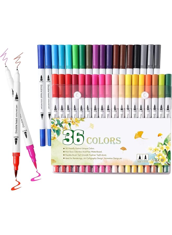 إيروريكس أقلام فرشاة وعلامات لكتب التلوين للكبار، أقلام خط للكتابة، أقلام فرشاة ذات رأسين للأطفال، أقلام تلوين للرسم، أقلام ذات رأس رفيع لمجلة الرسم، مخطط، 36 لونًا - Image 1
