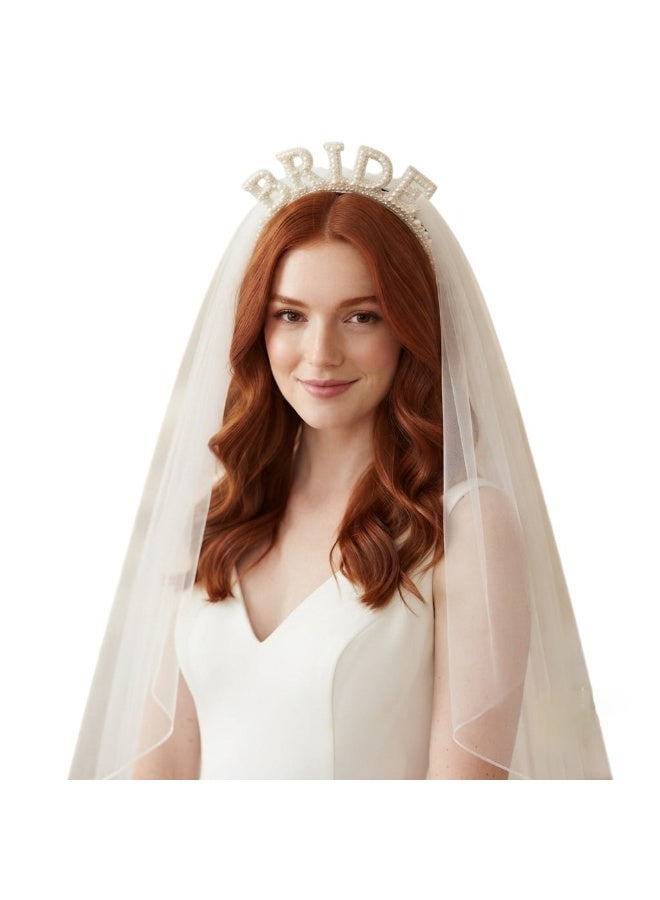 A pearl-adorned bridal headband paired with a classic white veil an elegant hair accessory for weddings and special occasions - Image 1