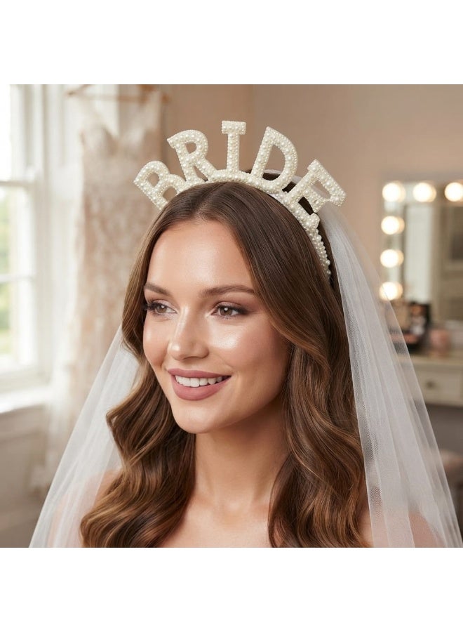 A pearl-adorned bridal headband paired with a classic white veil an elegant hair accessory for weddings and special occasions - Image 3