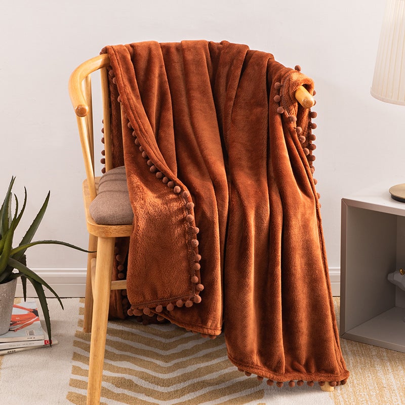 Fringe Pom-Pom Flannel Throw Blanket Solid Color Brown 