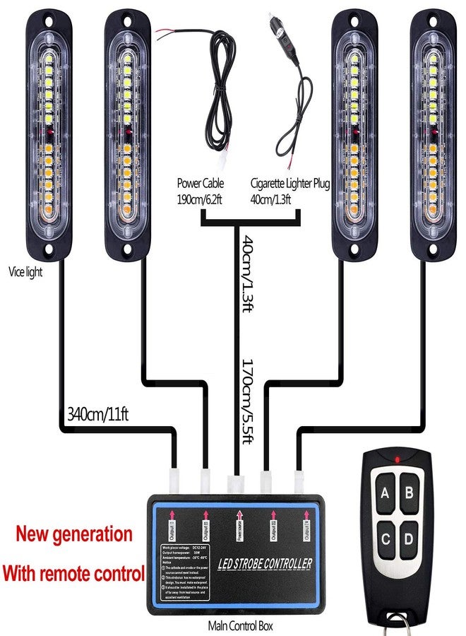 مصابيح تحذير LED من EASE2U، 4 قطع، مصابيح تحذير للطوارئ، مصابيح تحذير للمخاطر، مصابيح بناء فائقة النحافة، مصابيح مزامنة للسيارات والشاحنات مع صندوق تحكم رئيسي، تركيب سطحي، جهاز تحكم عن بعد قابل للتحديث (أبيض كهرماني) - Image 2