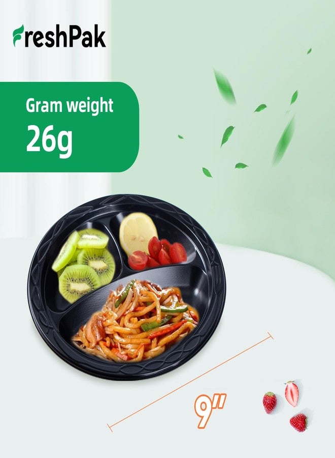 FRESHPAK Disposable Plates BPA Free 9" 150 Pack - Shrink Wrap Secured Mineral Filled PP | Heavy Duty Dishwasher & Microwave Safe Plastic Trays for Party Catering | Black 3 Compartment Dinner Plate - Image 5