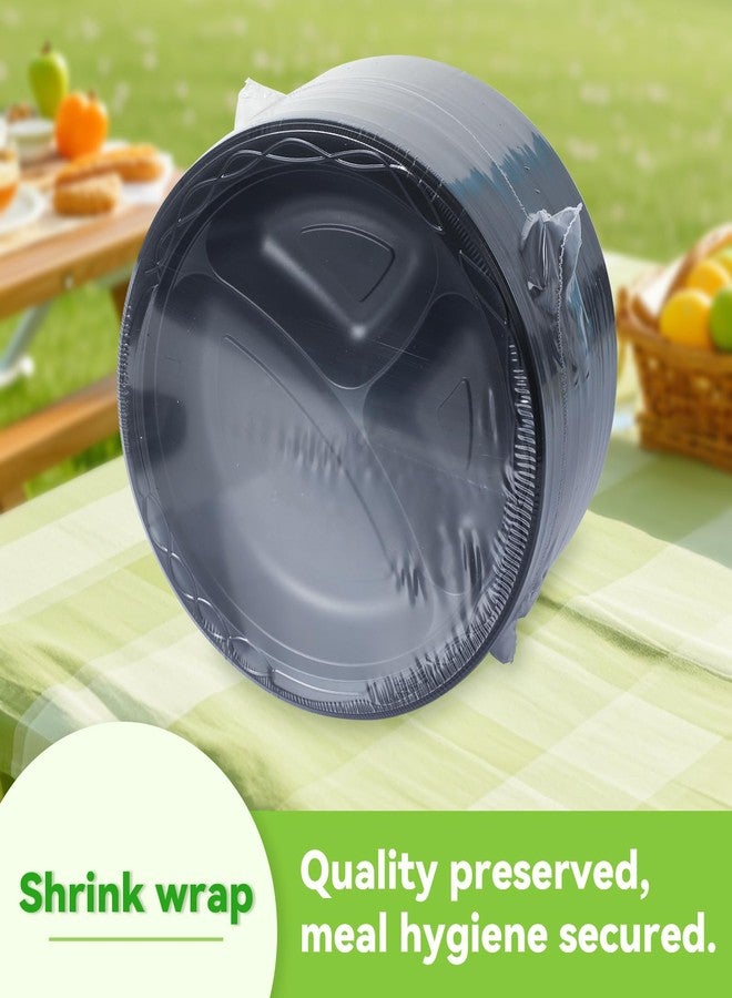 FRESHPAK Disposable Plates BPA Free 9" 150 Pack - Shrink Wrap Secured Mineral Filled PP | Heavy Duty Dishwasher & Microwave Safe Plastic Trays for Party Catering | Black 3 Compartment Dinner Plate - Image 4