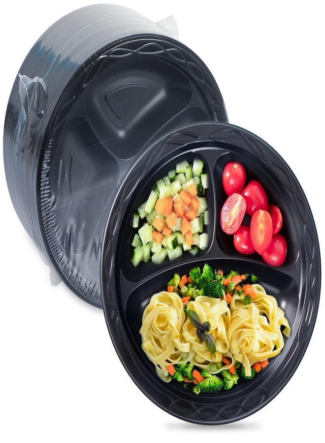 FRESHPAK Disposable Plates BPA Free 9" 150 Pack - Shrink Wrap Secured Mineral Filled PP | Heavy Duty Dishwasher & Microwave Safe Plastic Trays for Party Catering | Black 3 Compartment Dinner Plate - Image 1