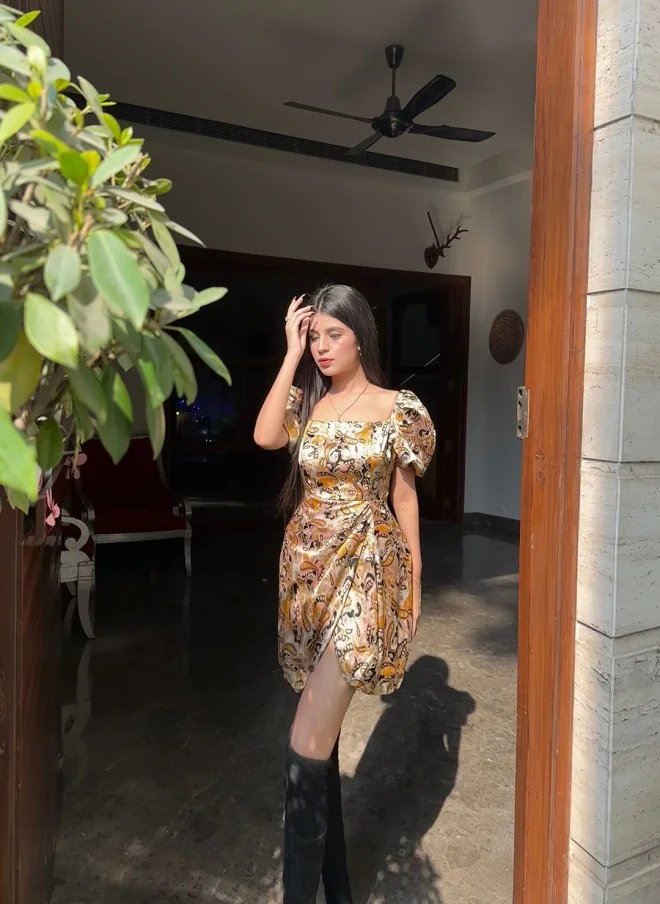 STREET 9 Yellow Ethnic Motifs Layered Satin A-Line Mini Dress for Women