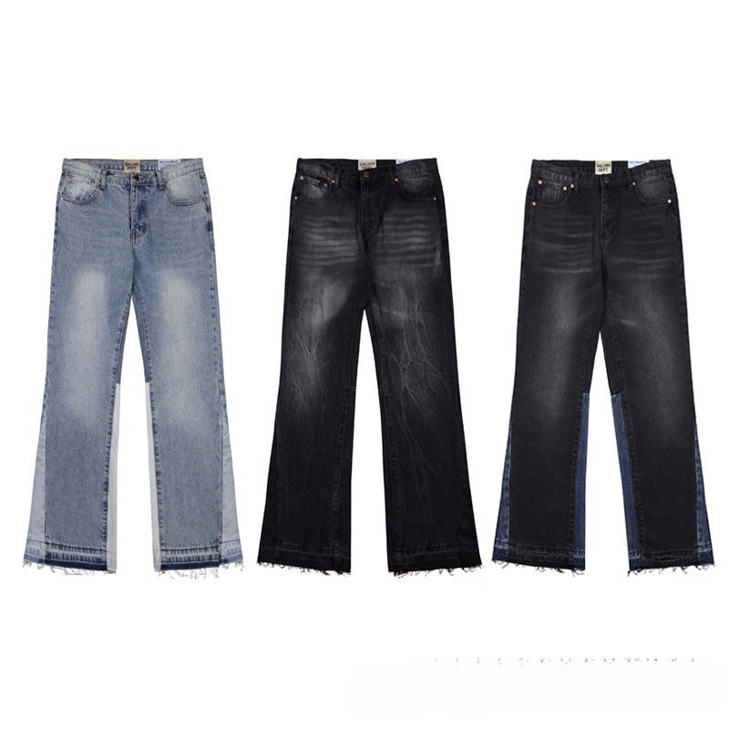 High-Quality New Style Gallery Washed Flared Black And Blue Patchwork Jeans For Men And Women, Long Pants And Shorts - Image 2