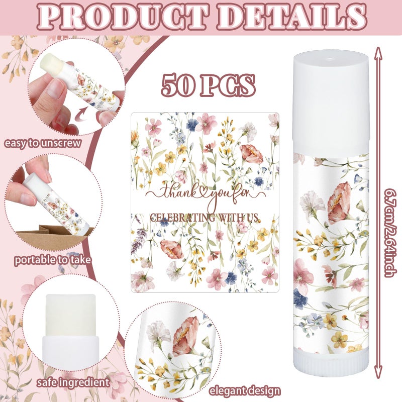 Siifert 50 Pcs Wildflower Wedding Bridal Shower Gifts Bulk Floral Lip Balm Baby Shower Party Favors Thank You Appreciation Gifts for Women Tea Bachelorette Party - Image 5