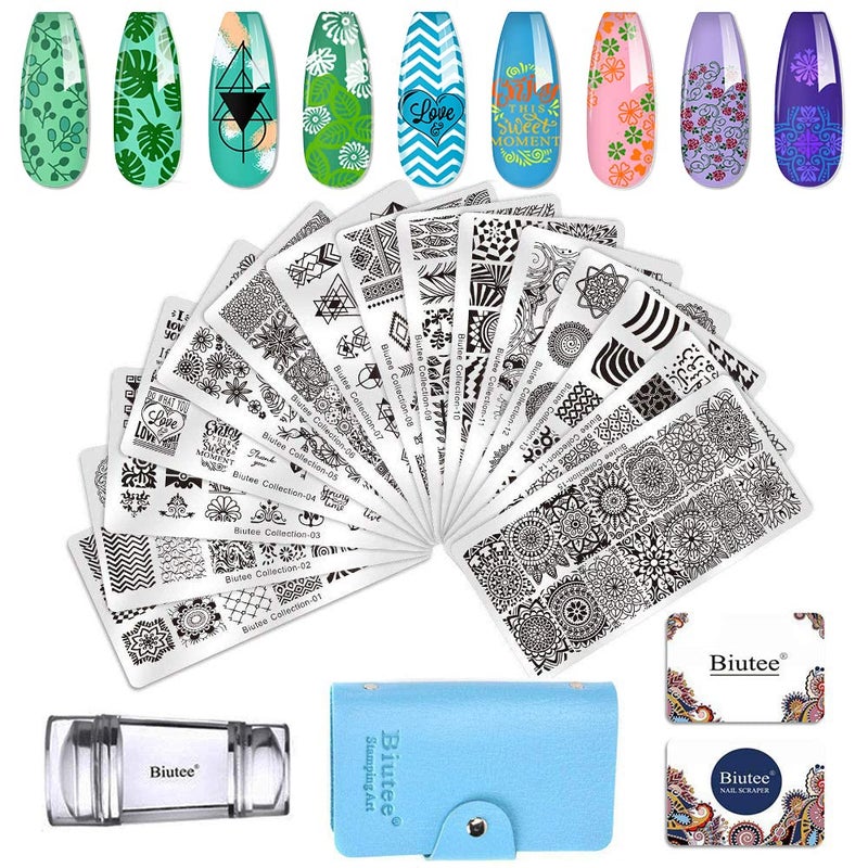 Biutee 19pcs Nail Stamp Plates set 15 plate 1Stamper 2Scraper 1storage bag Nails Art Stamping Plate Scraper Stamper Set Leaves Flowers Animal Nail plate Template Image Plate - Image 1