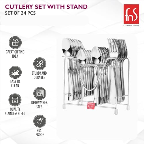 FNS Montavo By Verona Stainless Steel 24 Pcs Cutlery Set With Hanging Stand (6 Dinner Spoons, 6 Dinner Fork, 6 Teaspoons, 6 Baby Spoon & 1 Stand) - Image 3