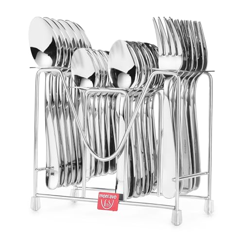 FNS Montavo By Verona Stainless Steel 24 Pcs Cutlery Set With Hanging Stand (6 Dinner Spoons, 6 Dinner Fork, 6 Teaspoons, 6 Baby Spoon & 1 Stand) - Image 1