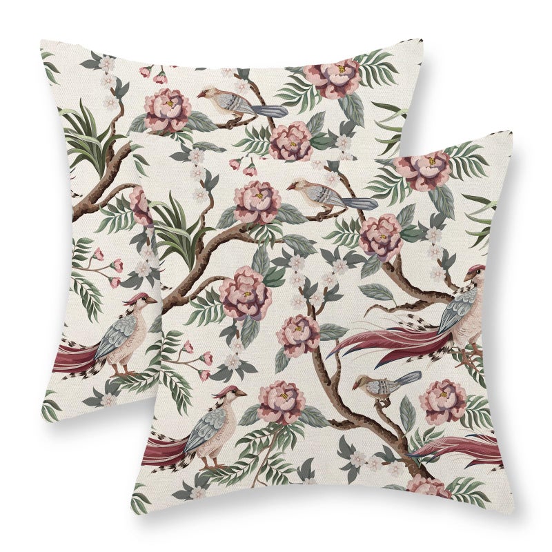 GOLIANDA Chinoiserie Pillow Covers 18x18 Set of 2 Pink Green Bird Floral Throw Pillows Vintage Pink Flower Bird Decorative Pillow Cases Chinoiserie Decor Farmhouse Outdoor Cushion Case for Couch Sofa - Image 1