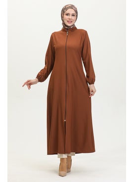 Elasticated Sleeve Zippered Plain Abaya 1013-01 Brown