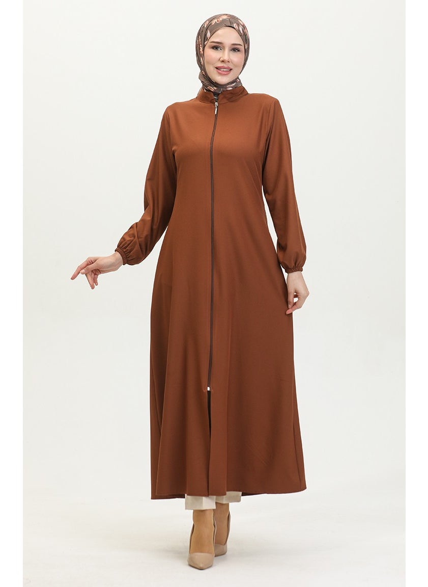 Sefa Merve - Elasticated Sleeve Zippered Plain Abaya 1013-01 Brown - Image 1
