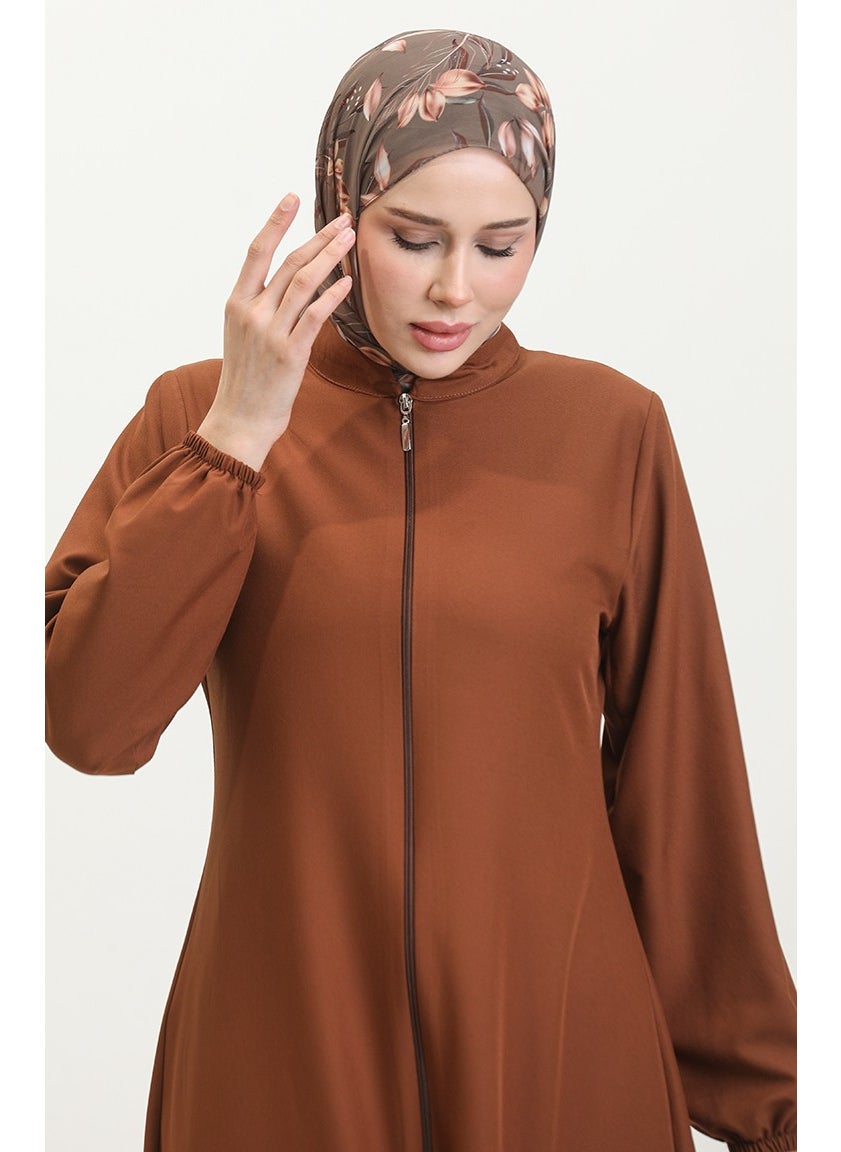 Sefa Merve - Elasticated Sleeve Zippered Plain Abaya 1013-01 Brown - Image 1