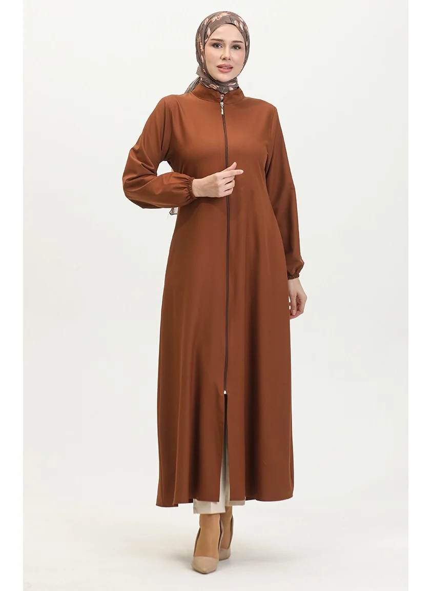 Sefa Merve Elasticated Sleeve Zippered Plain Abaya 1013-01 Brown