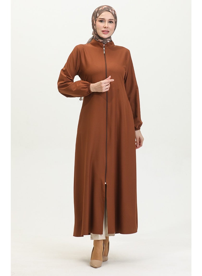 Sefa Merve - Elasticated Sleeve Zippered Plain Abaya 1013-01 Brown - Image 1