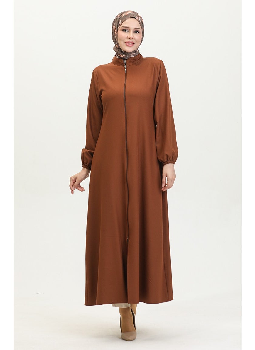 Sefa Merve - Elasticated Sleeve Zippered Plain Abaya 1013-01 Brown - Image 1
