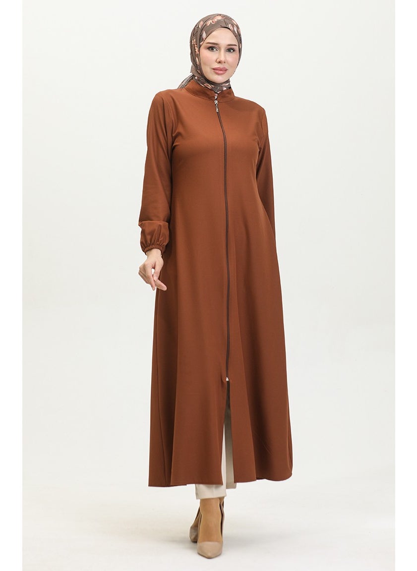 Sefa Merve - Elasticated Sleeve Zippered Plain Abaya 1013-01 Brown - Image 1