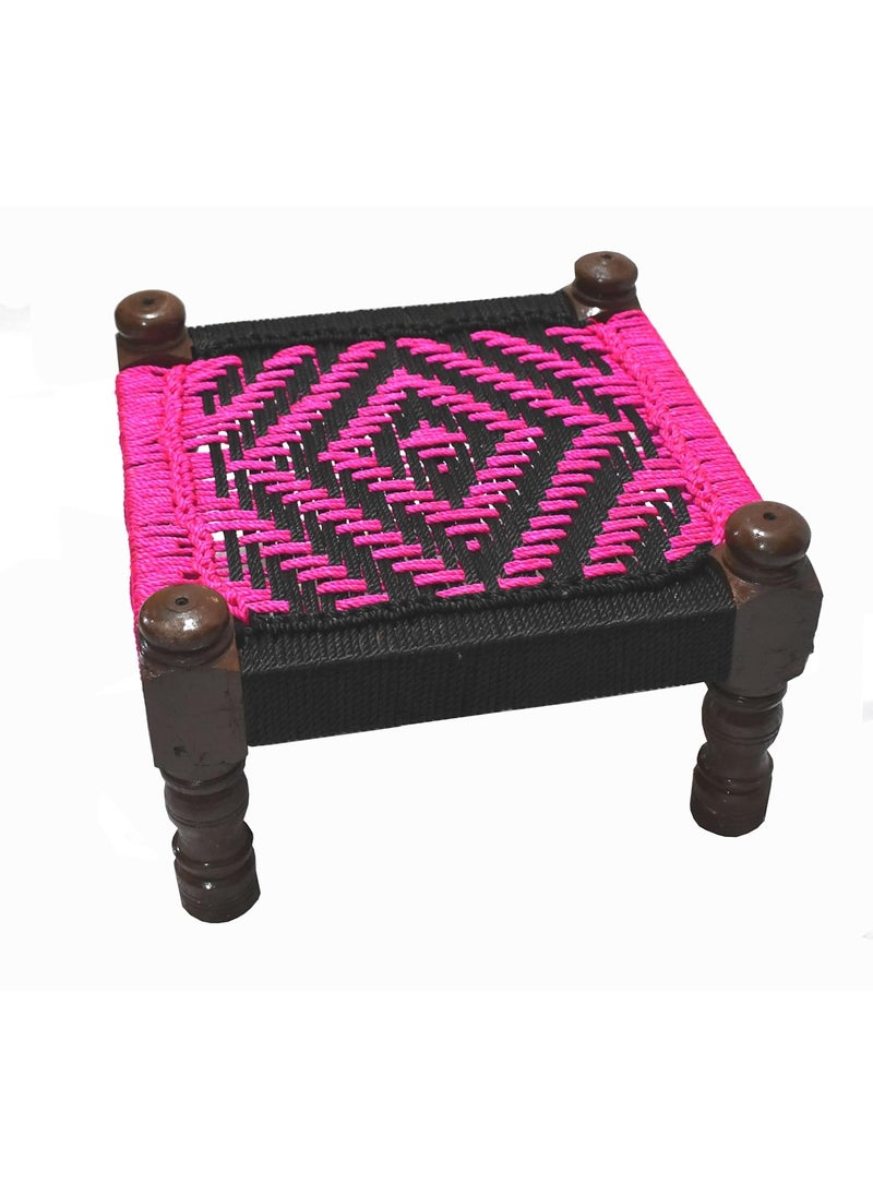 Marshland MARSHLAND Wooden Chowki Wooden Stool Traditional Handicrafts Wooden Khatli Bajot Stool Charpai Chowki Pidda Mudda Sitting Stool Pooja Chowki Stool 14X14X9 inch  - Image 1
