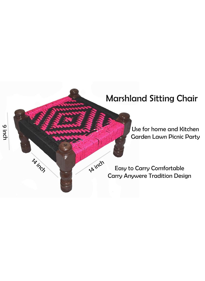 Marshland MARSHLAND Wooden Chowki Wooden Stool Traditional Handicrafts Wooden Khatli Bajot Stool Charpai Chowki Pidda Mudda Sitting Stool Pooja Chowki Stool 14X14X9 inch  - Image 2