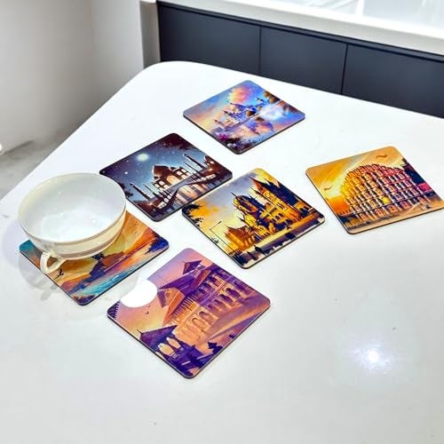 Tresneria® Tea Coasters, Set of 6, with Beautiful Designs | Comes with a Beautiful Gift Box | Dining Table Accessory | Square Shape | Diwali Gift | Corporate Gift (Acrylic Monumental Majesty) - Image 3