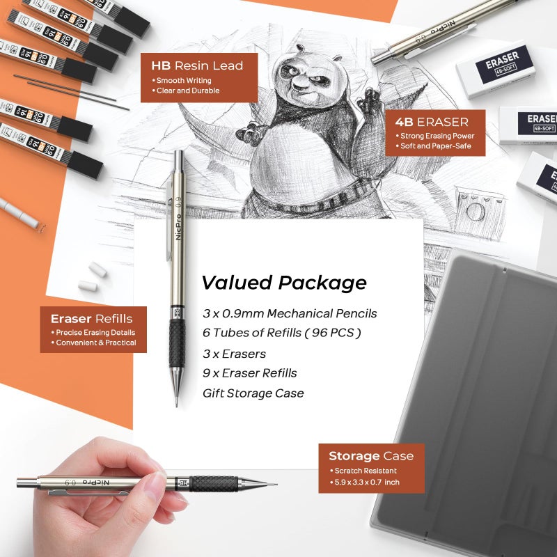 Nicpro 0.9 mm Art Mechanical Pencil Set in Storage Case, 3 PCS Metal Drafting Pencil Lead Pencil with 6 Tube HB Lead Refills, 3 Erasers, 9 PCS Eraser Refills for Artist Writing, Drawing, Sketching - Image 4