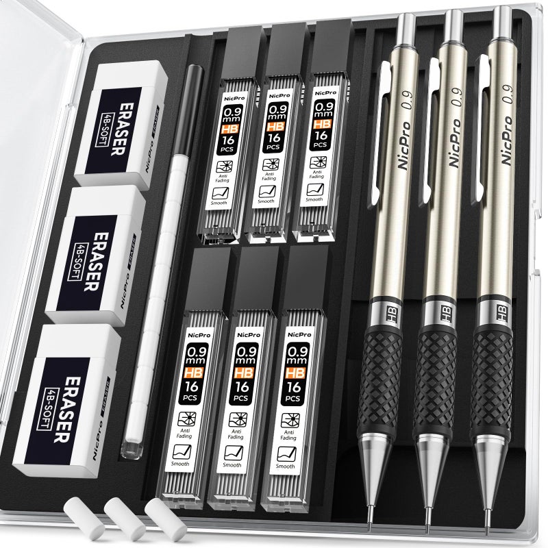 Nicpro 0.9 mm Art Mechanical Pencil Set in Storage Case, 3 PCS Metal Drafting Pencil Lead Pencil with 6 Tube HB Lead Refills, 3 Erasers, 9 PCS Eraser Refills for Artist Writing, Drawing, Sketching - Image 1