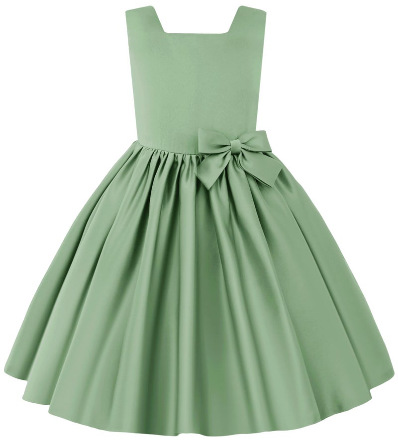 Uhnice Flower Girl Satin Dress Sleeveless Dresses with Detachable Bow for Wedding Party (Green, 7-8/130) - Image 1