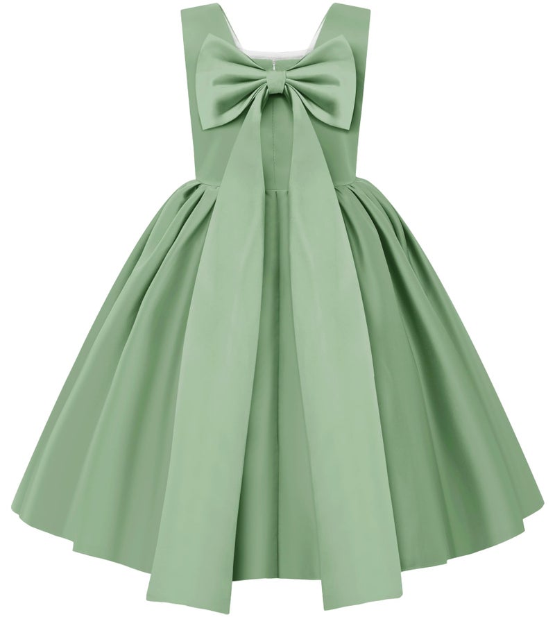 Uhnice Flower Girl Satin Dress Sleeveless Dresses with Detachable Bow for Wedding Party (Green, 7-8/130) - Image 3