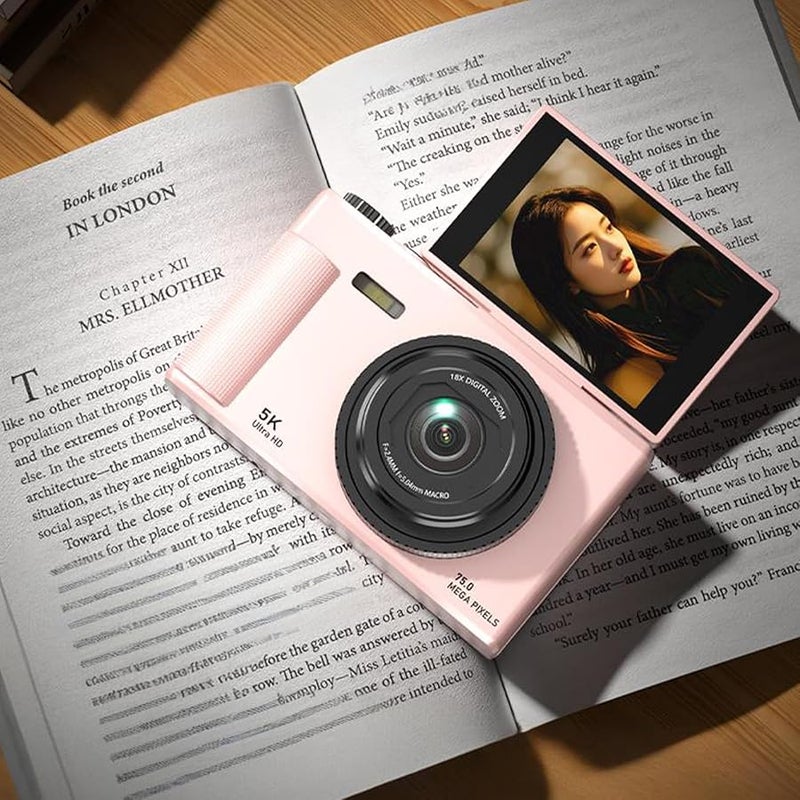 Asixxsix 5K كاميرا رقمية 75 ميجابكسل تكبير 18x مع ضبط تلقائي للصورة كاميرا فيديو مدونة مع شاشة قابلة للطي 2.8 بوصة باللون الوردي - Image 4