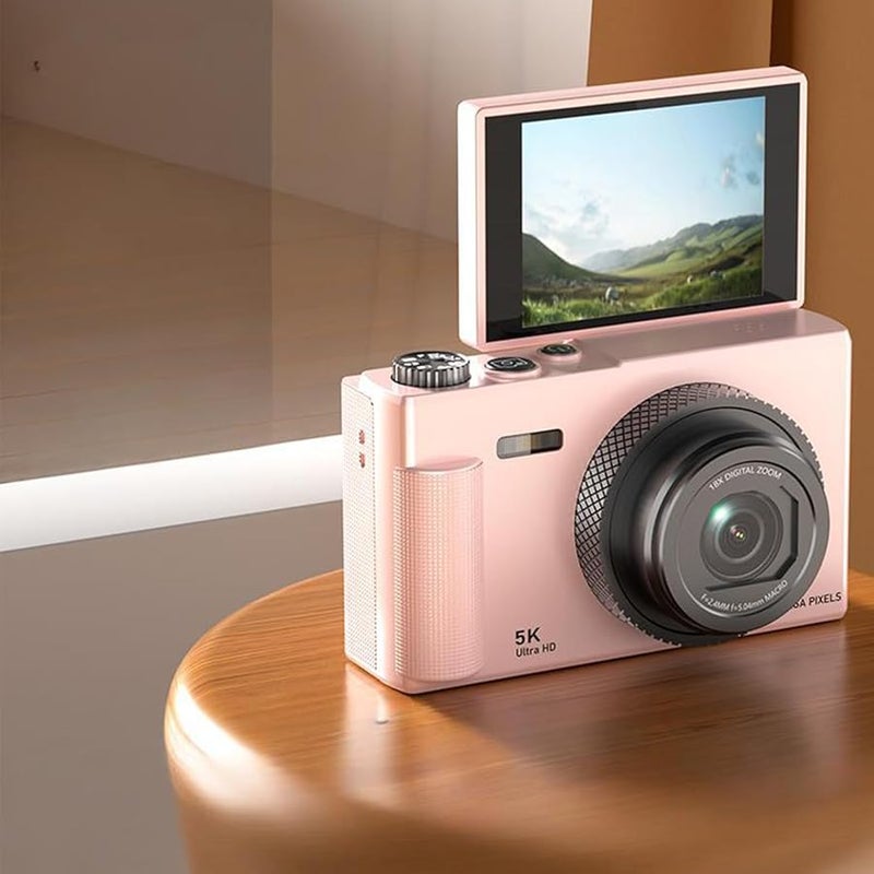 Asixxsix 5K كاميرا رقمية 75 ميجابكسل تكبير 18x مع ضبط تلقائي للصورة كاميرا فيديو مدونة مع شاشة قابلة للطي 2.8 بوصة باللون الوردي - Image 3
