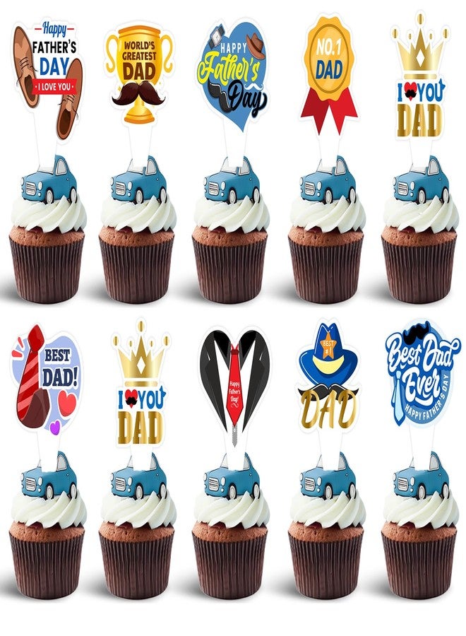 wuhuzsm 36pcs Happy Fathers Day Cupcake Toppers, Best Dad, I Love My Dad Cupcake Picks with Beard Tie Signs for Happy Father's Day Party Cupcake Decorations - Image 1