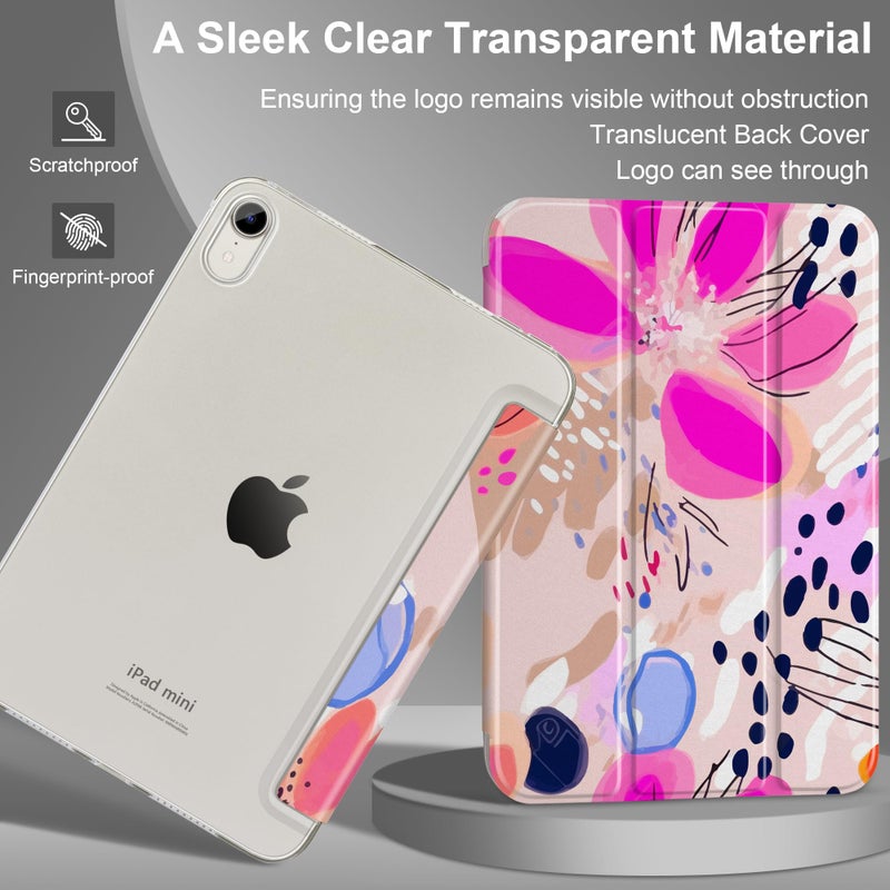 DONGKE for iPad mini 7 (A17 Pro) 2024 & iPad mini 6 2021 8.3 Inch, Slim Foldable Stand Hard PC Translucent Back Shell Smart Cover for iPad mini 7th/6th Generation [Auto Wake/Sleep] - Floral Artistic - Image 5