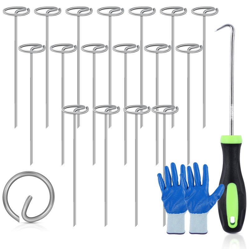 100 Pack Landscape Staples 6 Inch Metal Stakes for Gardening Circle Top Pins for Landscaping Garden Staples with Nail Lifter and Gardening Gloves for Securing Yard Garden Lawn Fabric Weed Barrier