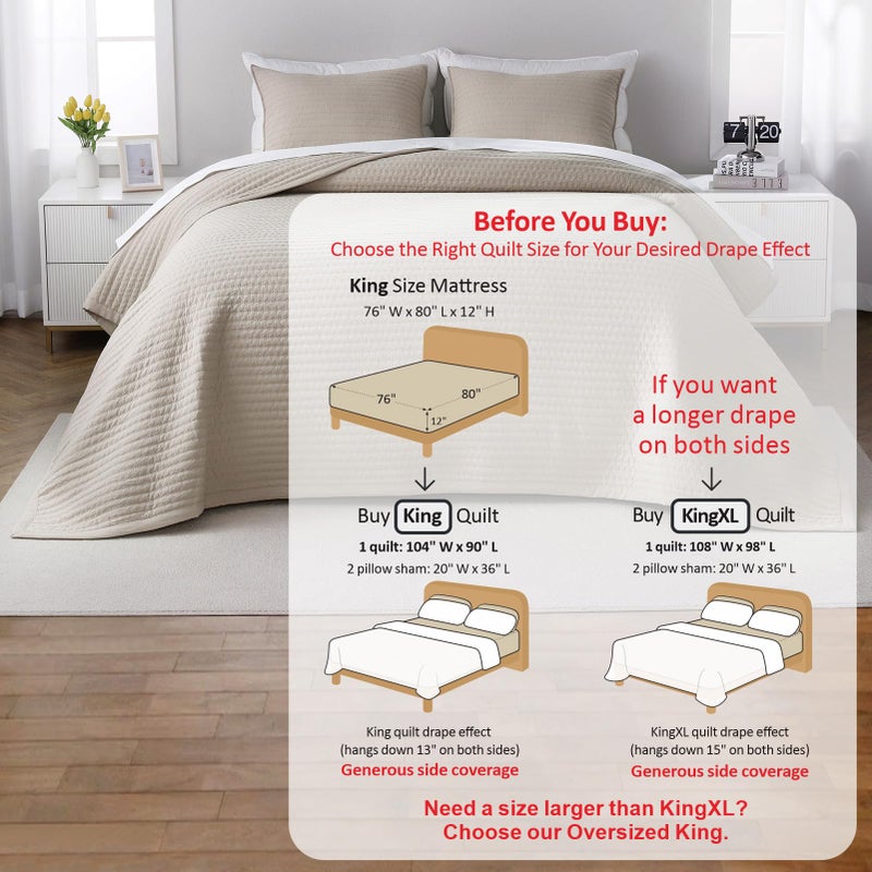 DAWNDIOR King Quilt Set â€“ 104"x90" Soft Washed 3-Layer Lightweight Bedspread with Multi-Lock Quilting, Minimalist Nordic Bedding, All-Season Quilt Set for Spring & Summer (1 Quilt + 2 Pillow Shams), Oatmeal - Image 3