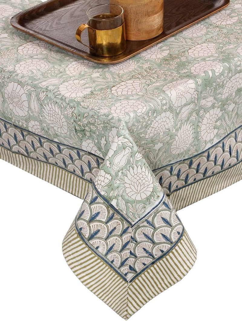 ATOSII Jade 100 Cotton Rectangle Boho Fall Tablecloth Handblock Floral Table Cloth Linen for Kitchen Dining I Parties Wedding Outdoors Thanksgiving Easter Picnics I 72 X 120 Inches I 10 Seater - Image 1