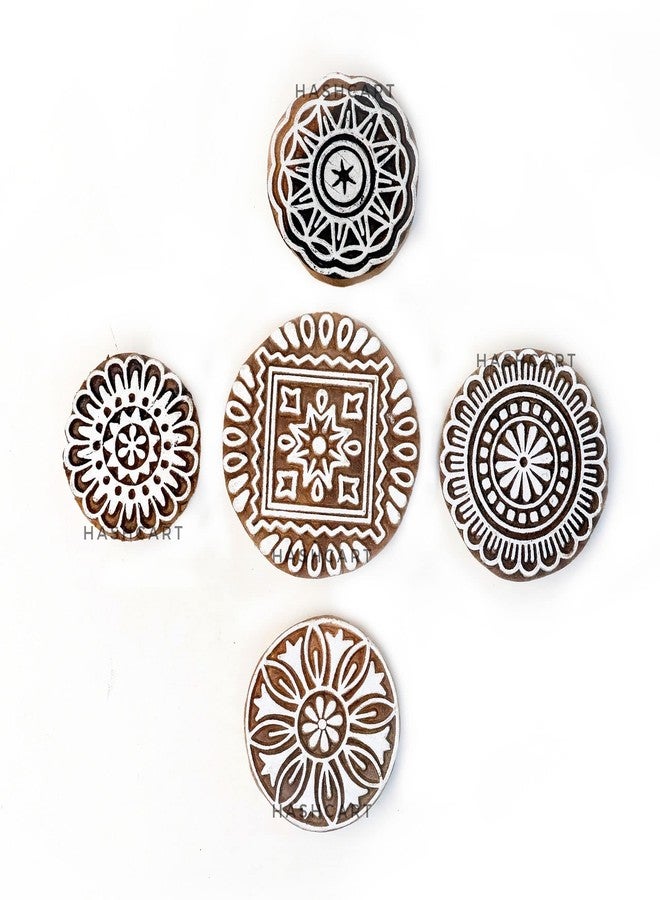 TWOGRAMS Wood Floral Design Printing Stamps Round Shape Block for Printing Scrapbooking Fabric Textile Paper Clay Pottery Saree Border TwoGrams | Set of 5 | - Image 1